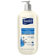 Suave Advanced Therapy front bottle showing pump and large 32 oz size for long-lasting hydration