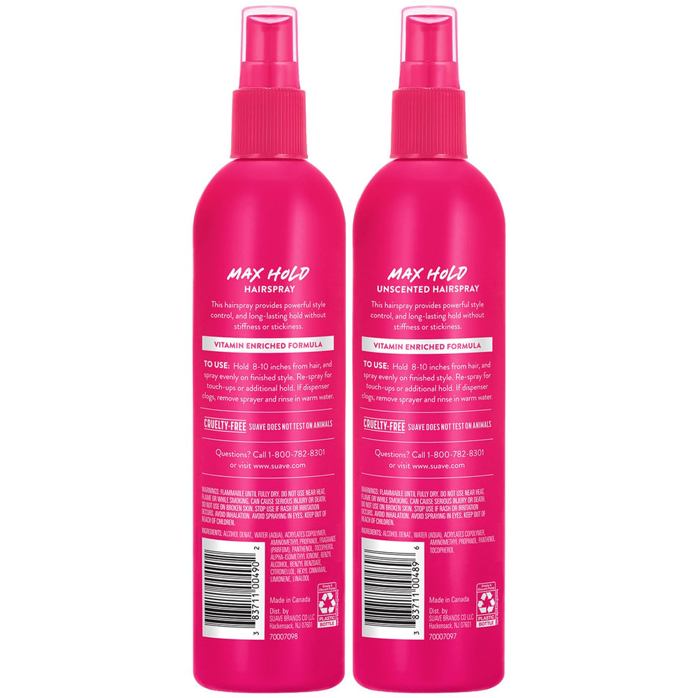 Suave hairspray on bathroom shelf with other products showing routine compatibility