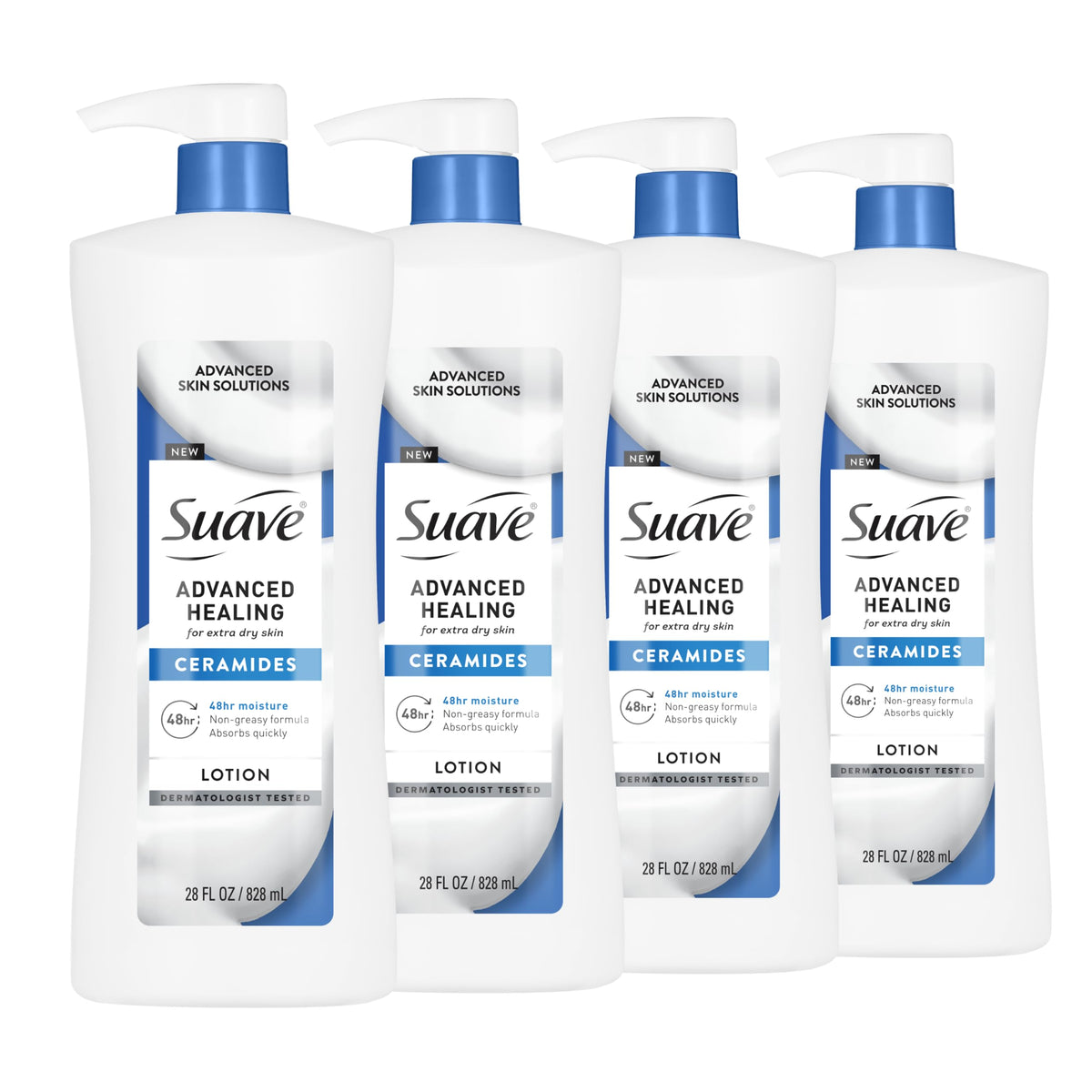 Suave bottle front showing ceramides and packaging benefit of deep hydration