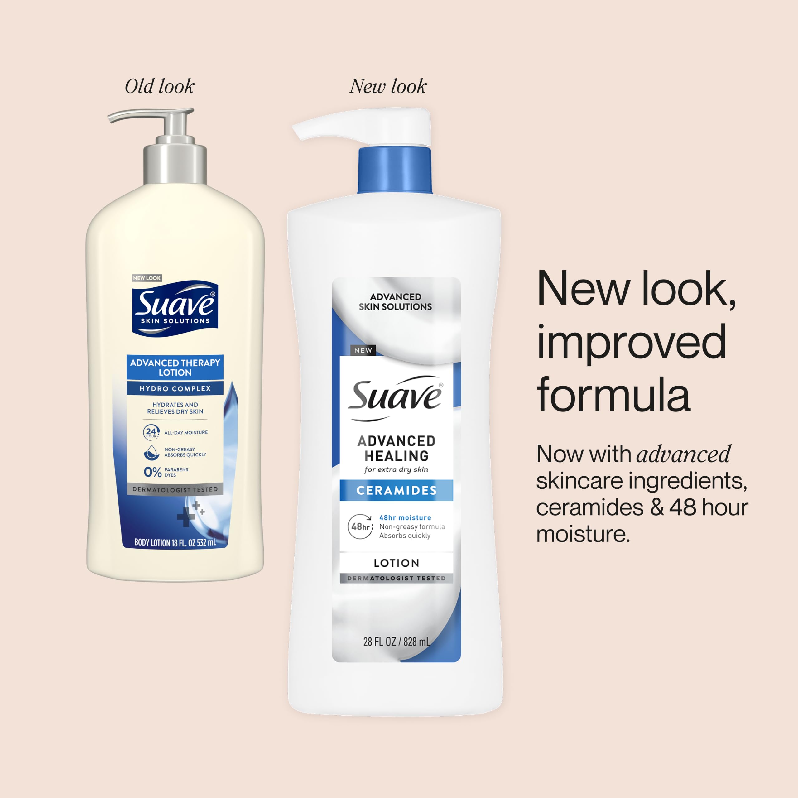 Suave bottle next to common household items showing 28 fl oz size convenience
