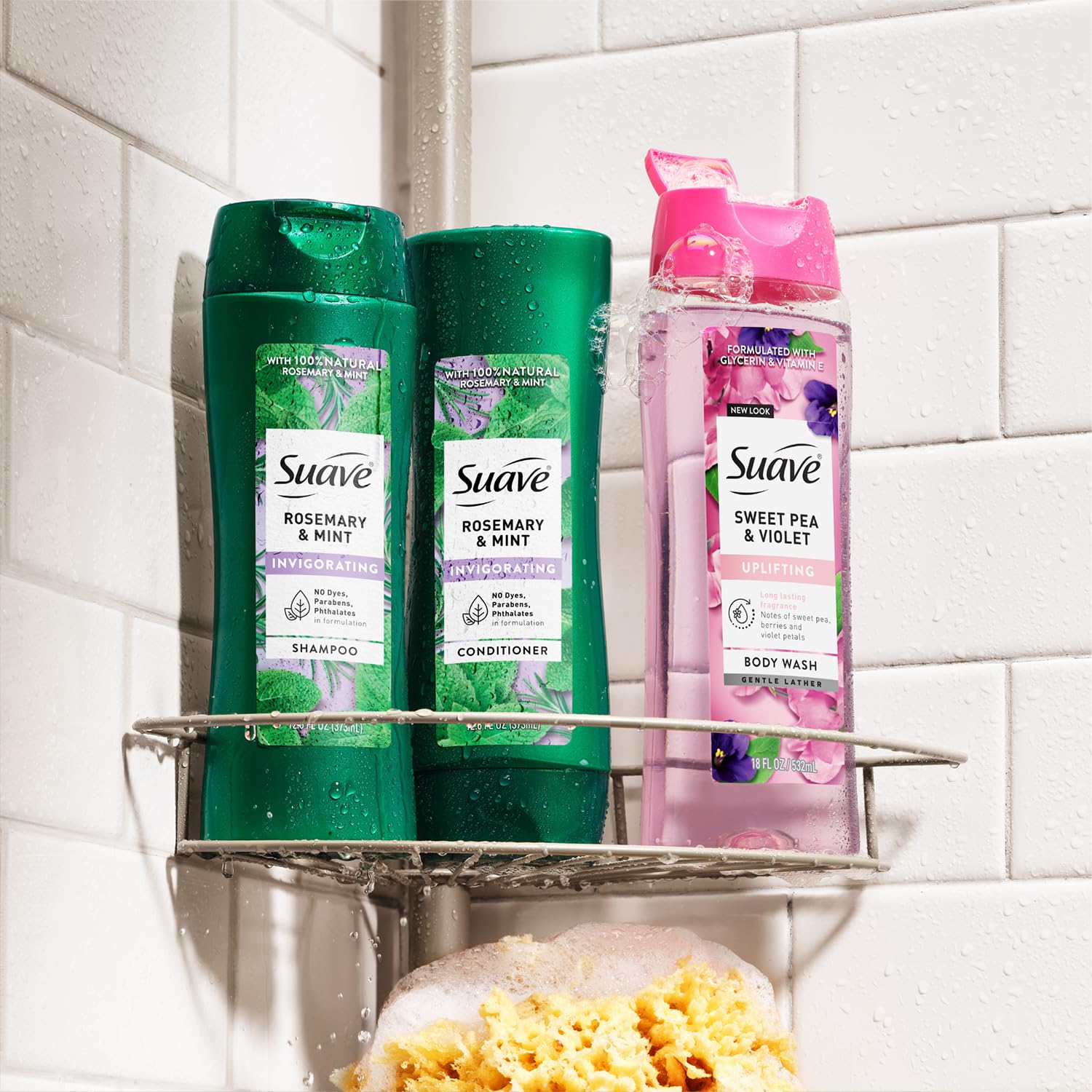 Suave conditioner on bathroom shelf in lifestyle scene for daily use inspiration