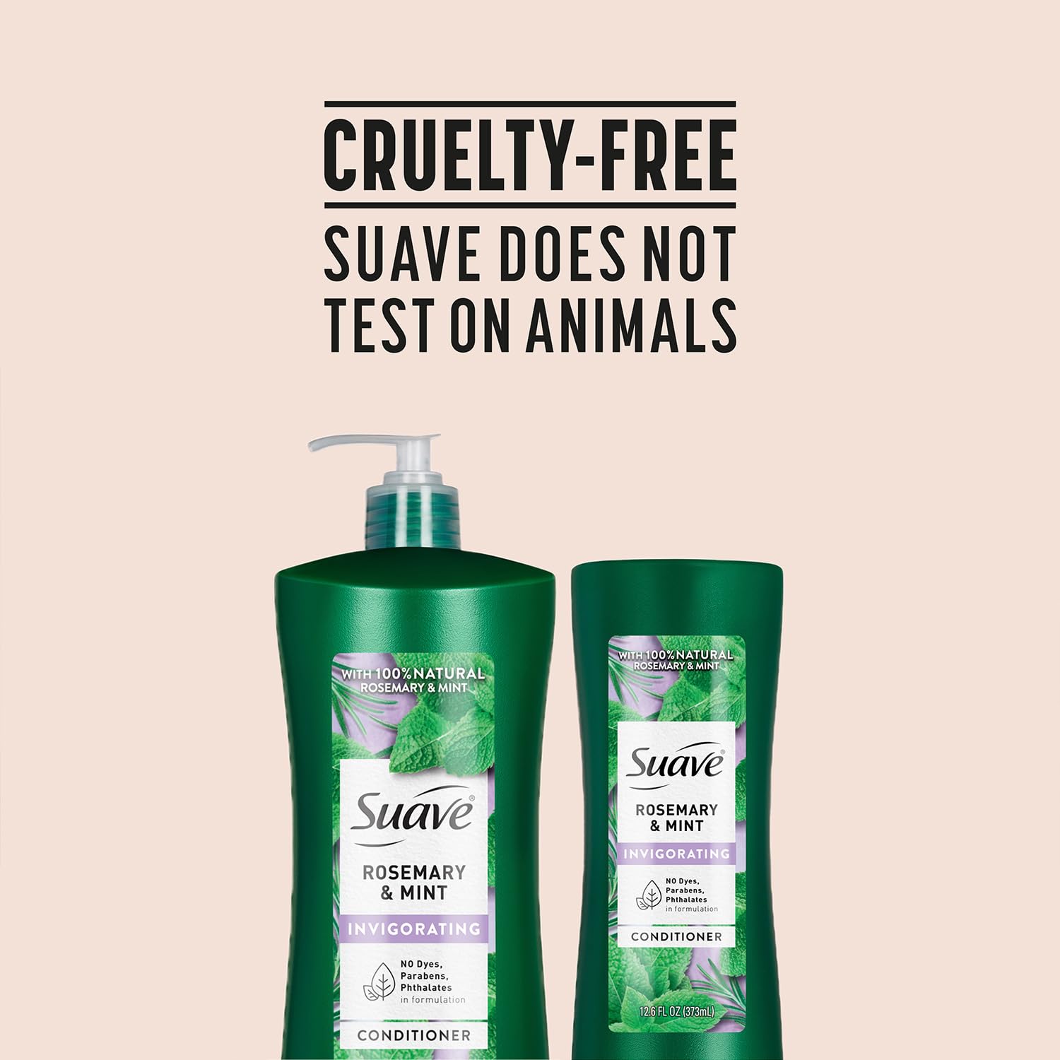 Suave conditioner next to common household items to show bottle size benefit