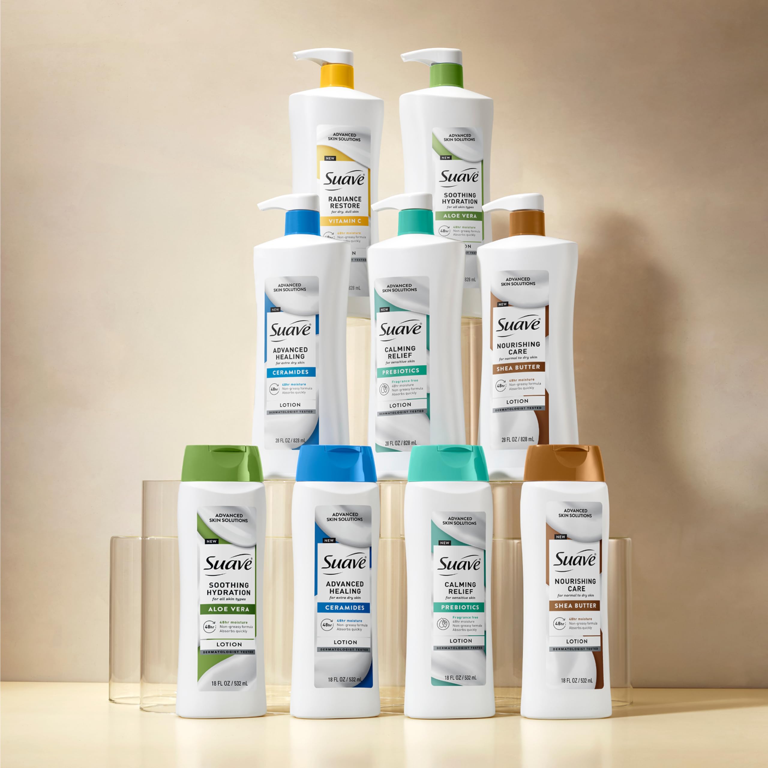 Four-pack of Suave bottles stacked to show value and long-lasting supply