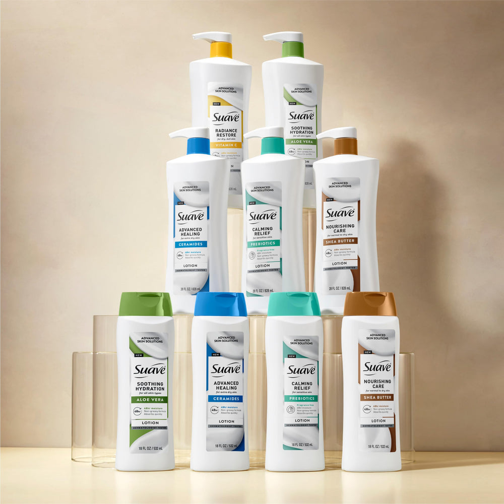 Four Suave bottles stacked to demonstrate pack value and household supply
