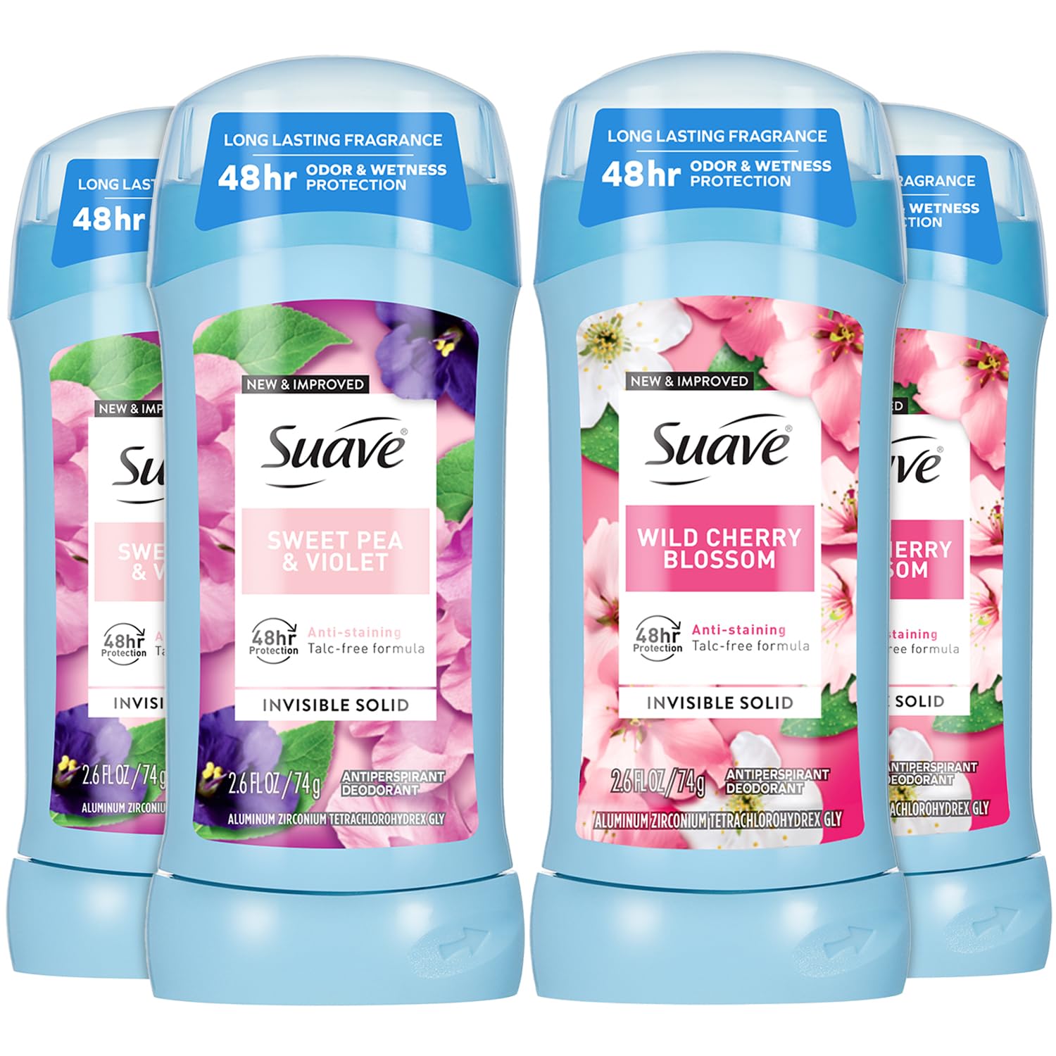 Suave front pack showing Wild Cherry Blossom and Sweet Pea sticks for easy selection and freshness