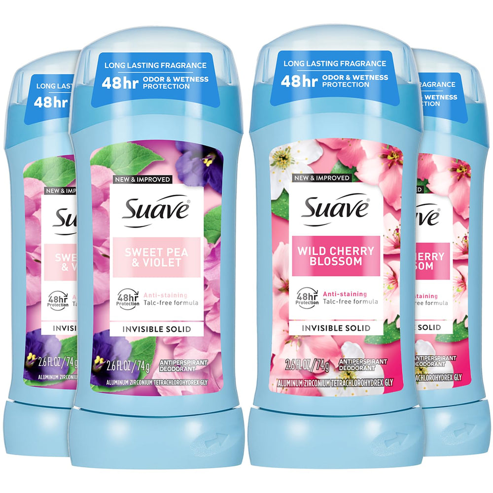 Suave front pack showing Wild Cherry Blossom and Sweet Pea sticks for easy selection and freshness