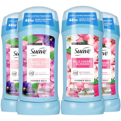 Suave front pack showing Wild Cherry Blossom and Sweet Pea sticks for easy selection and freshness