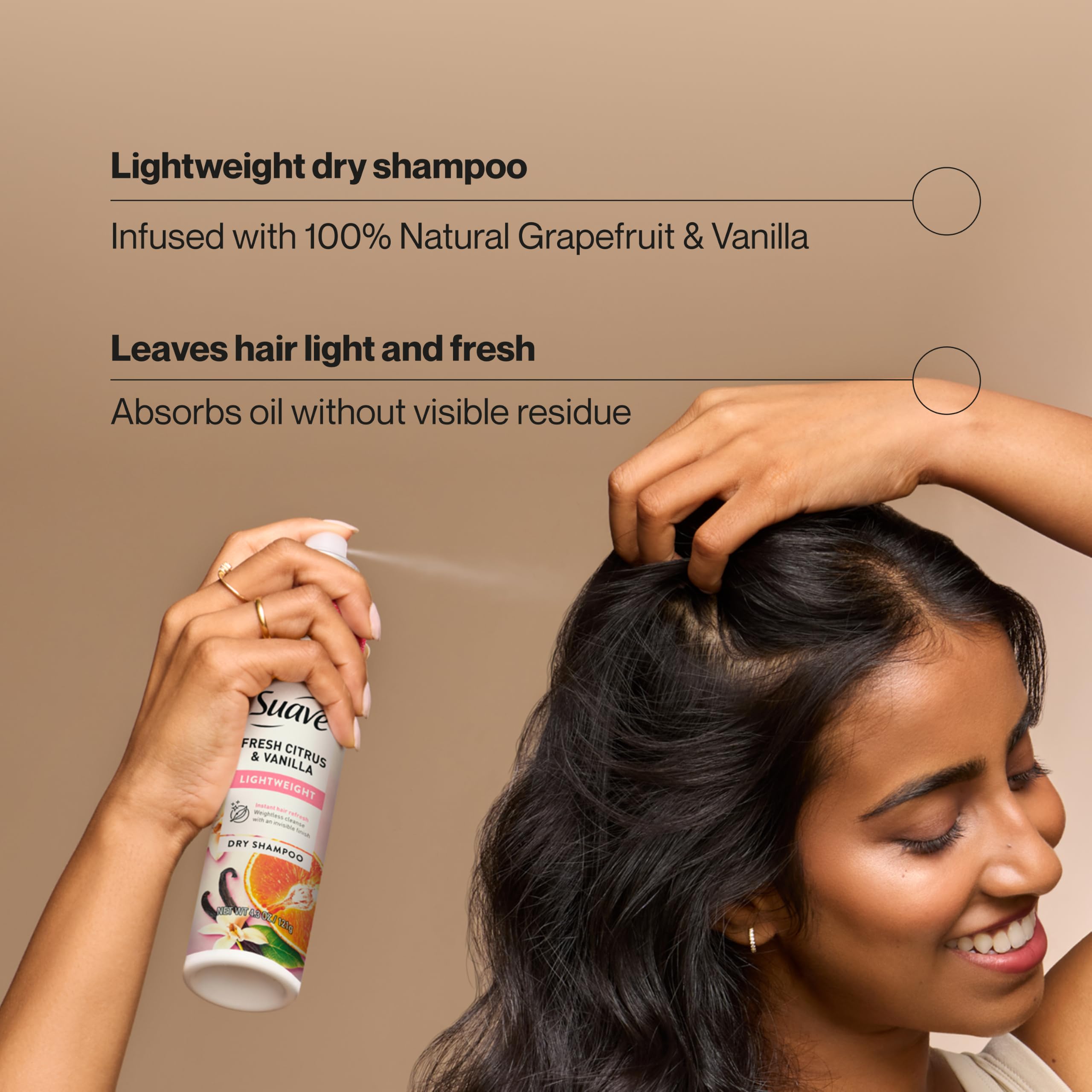 Suave invisible finish on dark hair showing no white residue and clean look