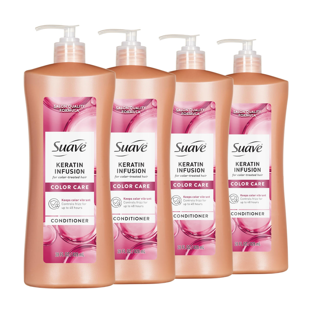 Suave keratin conditioner front pump bottle showing size and easy dispensing benefit