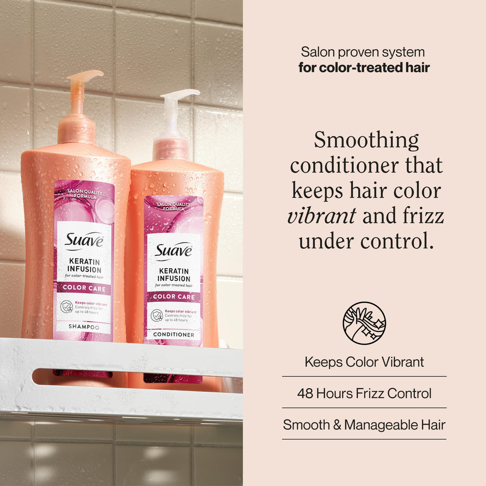 Suave keratin pump close-up highlighting convenient dispenser and travel-safety benefit