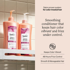 Suave keratin pump close-up highlighting convenient dispenser and travel-safety benefit
