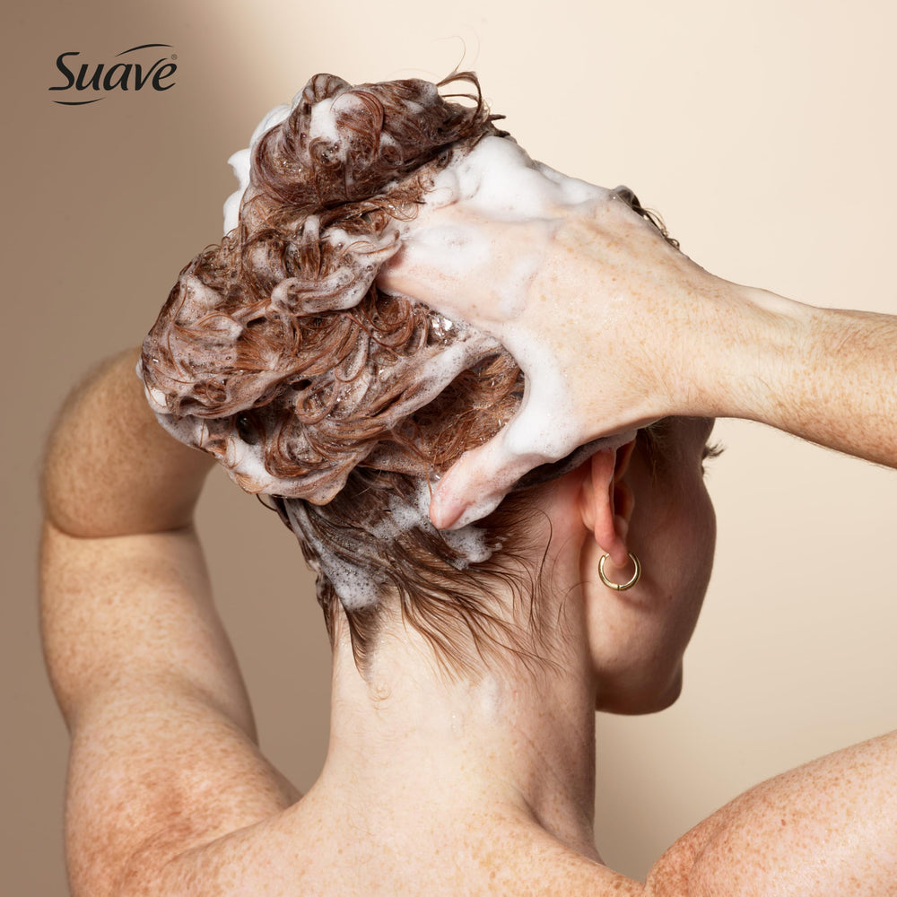 Suave bottles staged in shower showing in-shower convenience and easy access