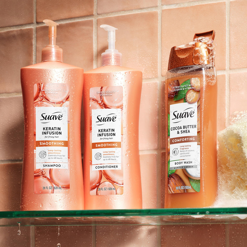 Floral tea scent visual with Suave bottle conveying a fresh, light fragrance benefit