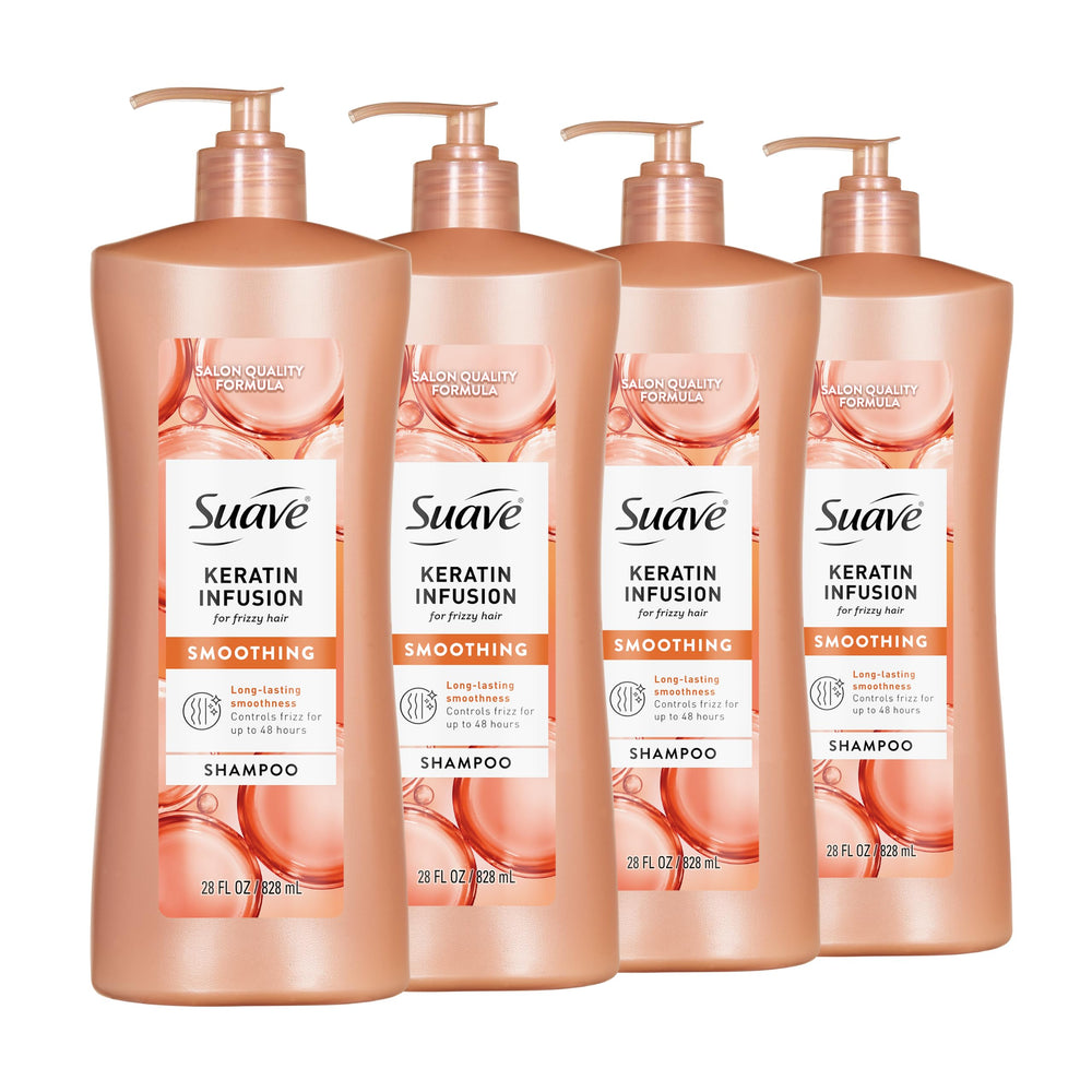 Suave front packaging showing four keratin infusion bottles for long-lasting frizz control