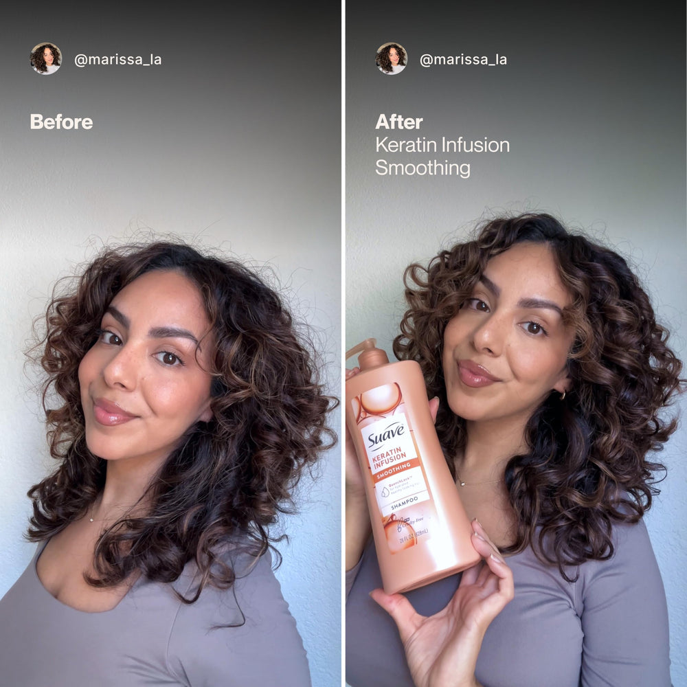 Suave bottle label detail highlighting keratin protein benefits and pH-balanced formula