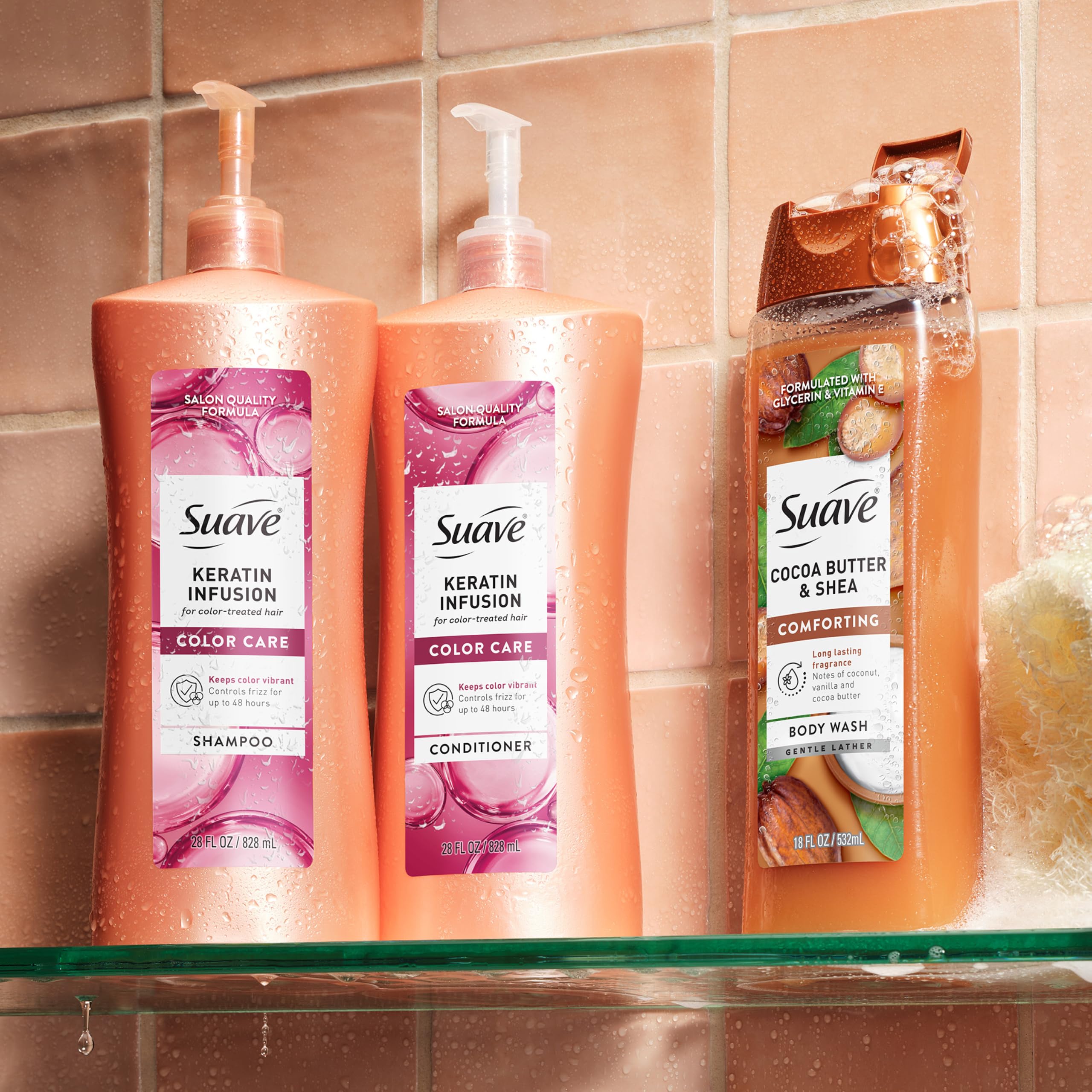 Suave keratin label close-up showing UV complex callout and color protection benefit