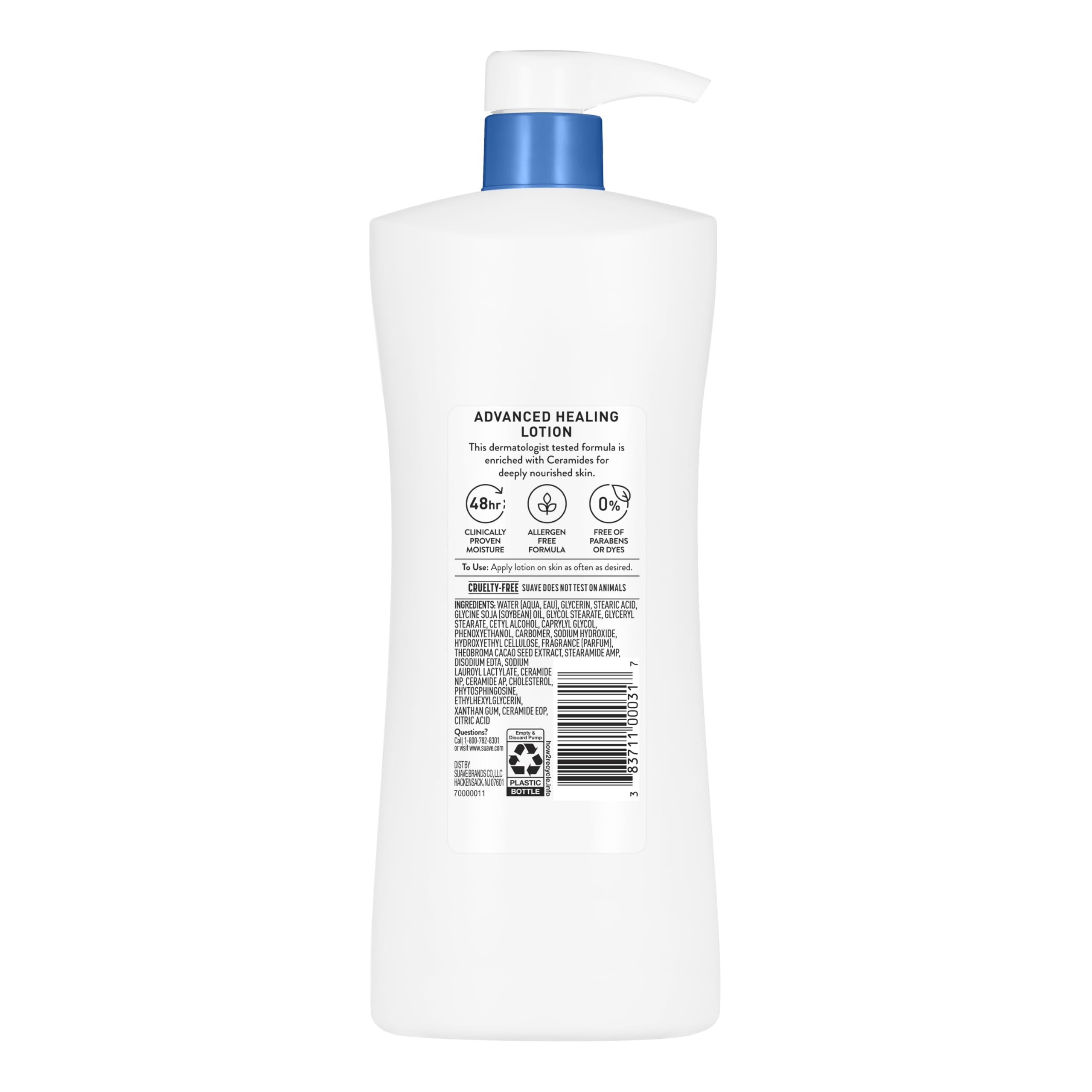 Clear view of Suave ingredient label highlighting ceramides and clean formula benefit