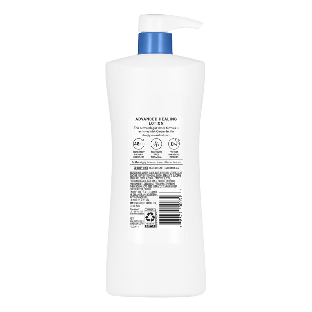 Clear view of Suave ingredient label highlighting ceramides and clean formula benefit