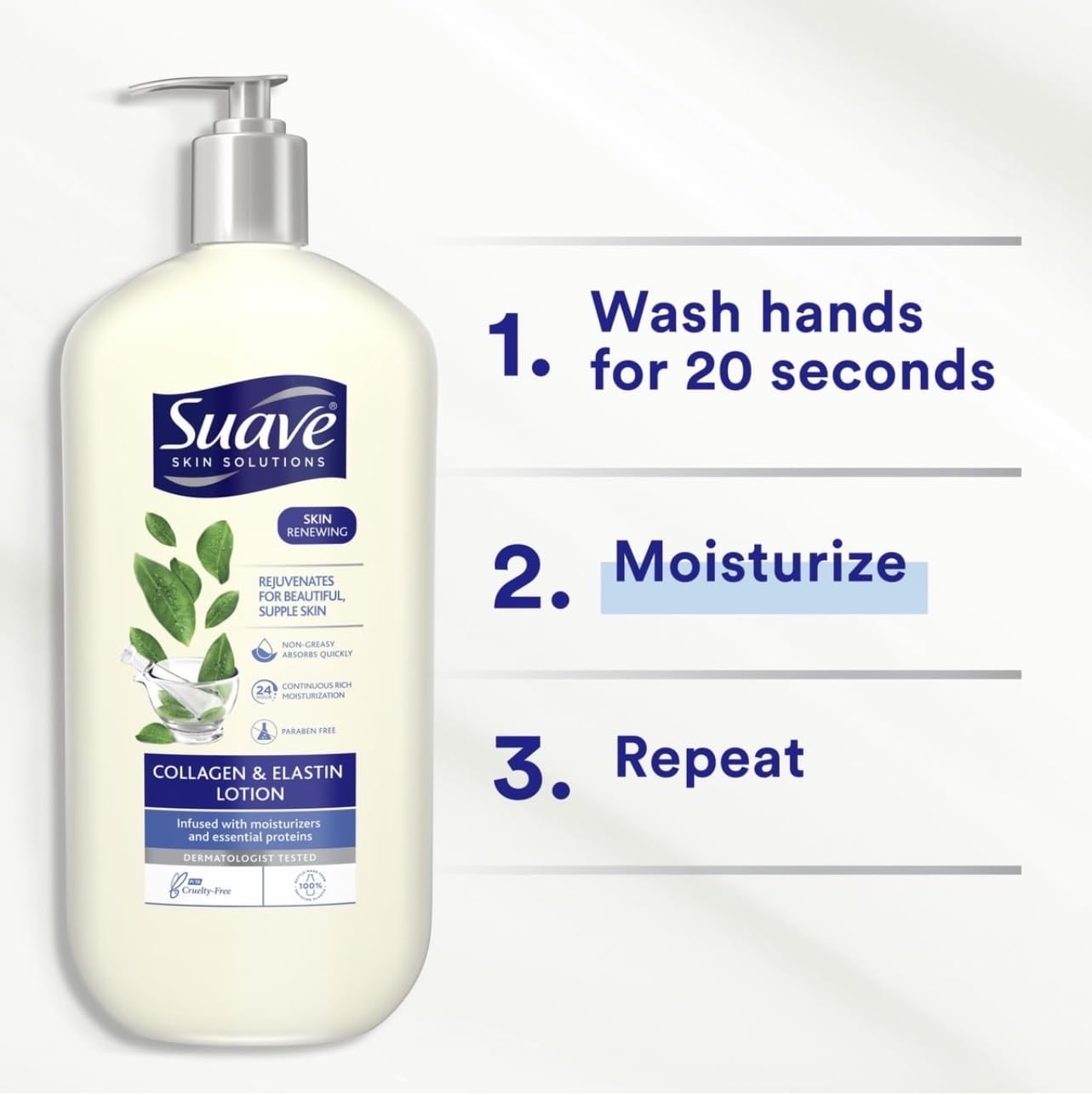 suave lotion being pumped into hand demonstrating quick absorption benefit
