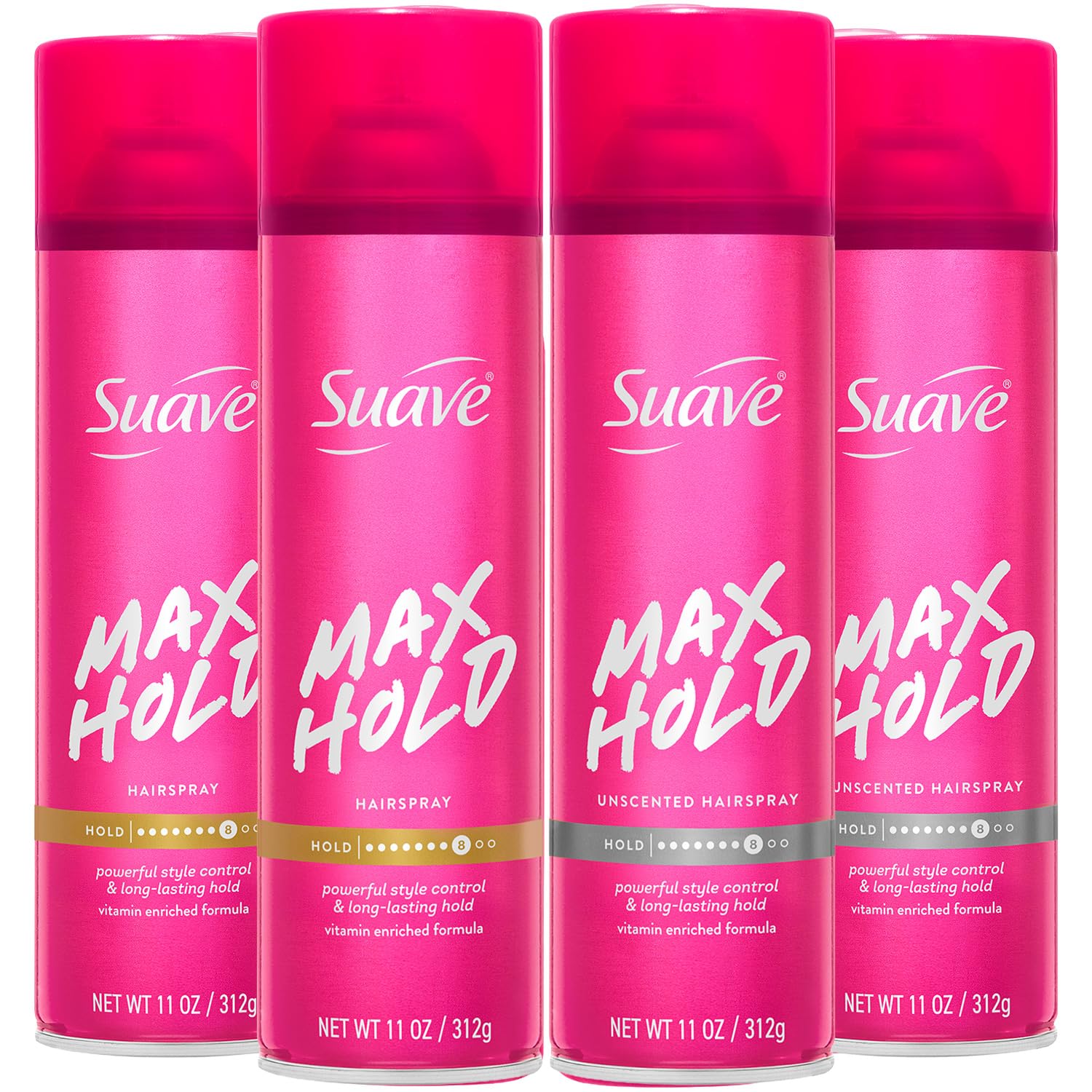 Suave Max Hold front pack showing four 11 oz cans and value bundle benefit