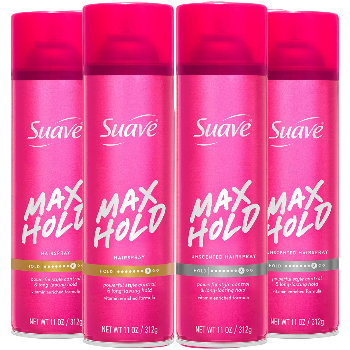 Suave Max Hold front pack showing four 11 oz cans and value bundle benefit