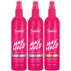 Suave Max Hold front packaging showing three bottles and product benefit