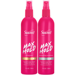 Suave Max Hold front packaging showing two 11 oz bottles and product benefit