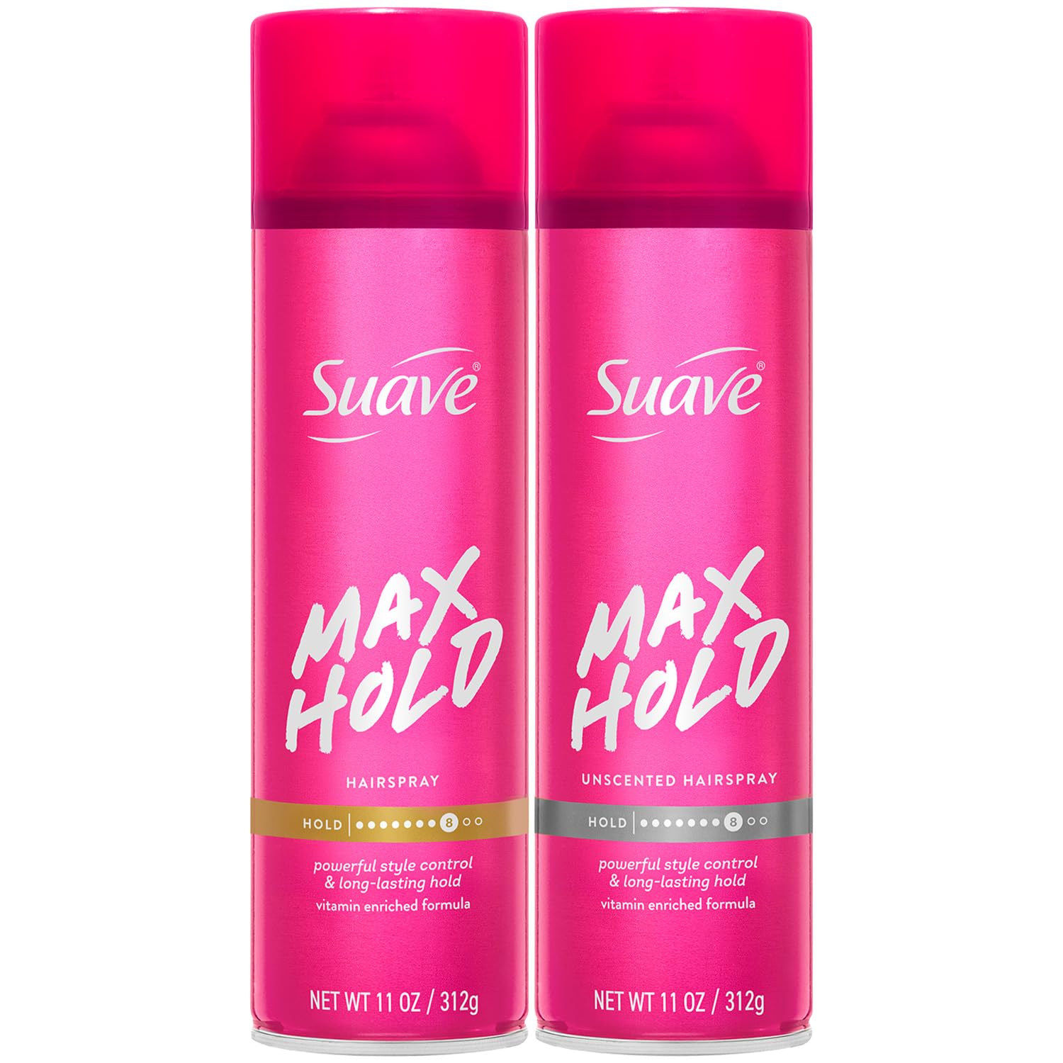 Suave max hold front pair showing scented and unscented cans for flexible styling