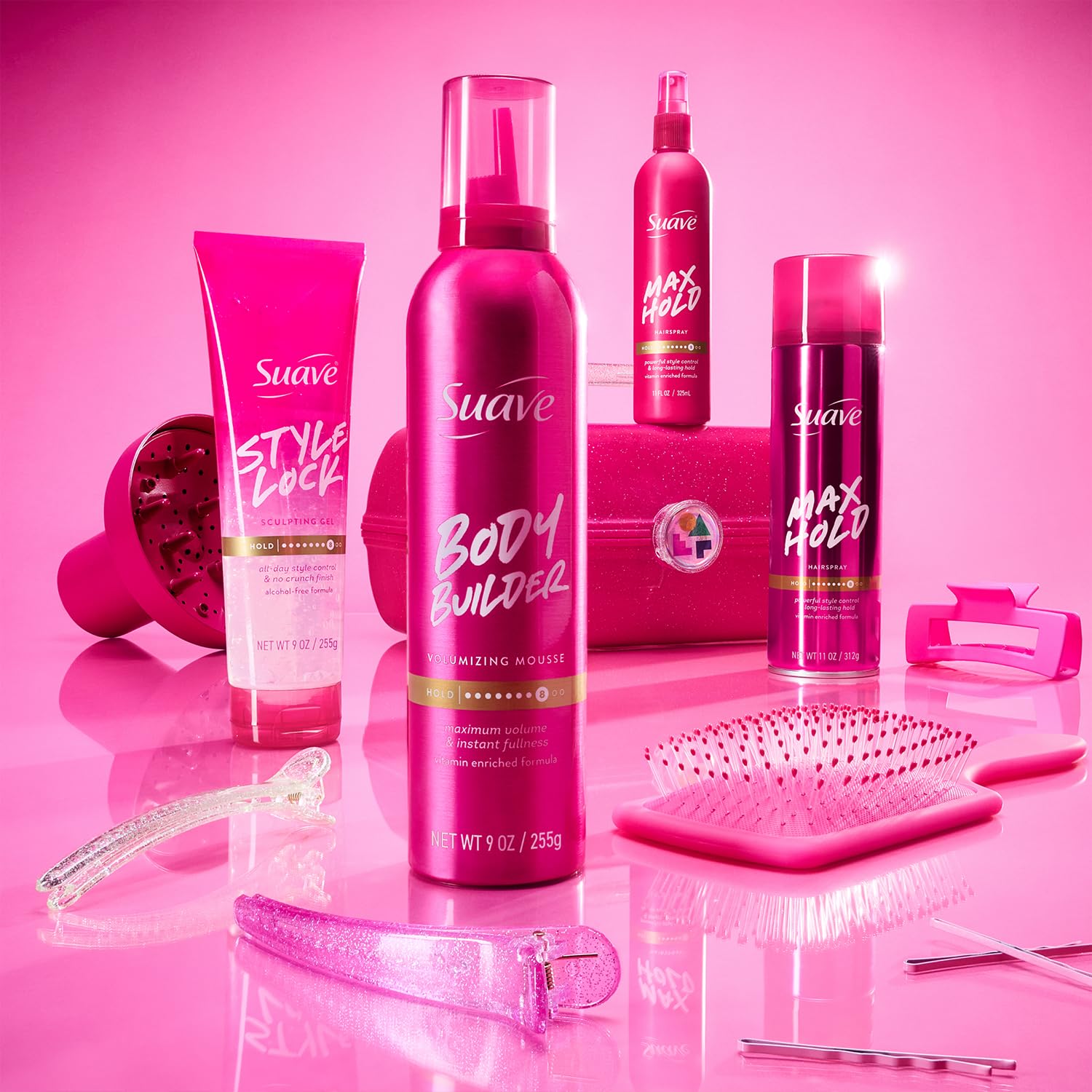 Suave Max Hold sprayed on styled hair illustrating frizz control and hold