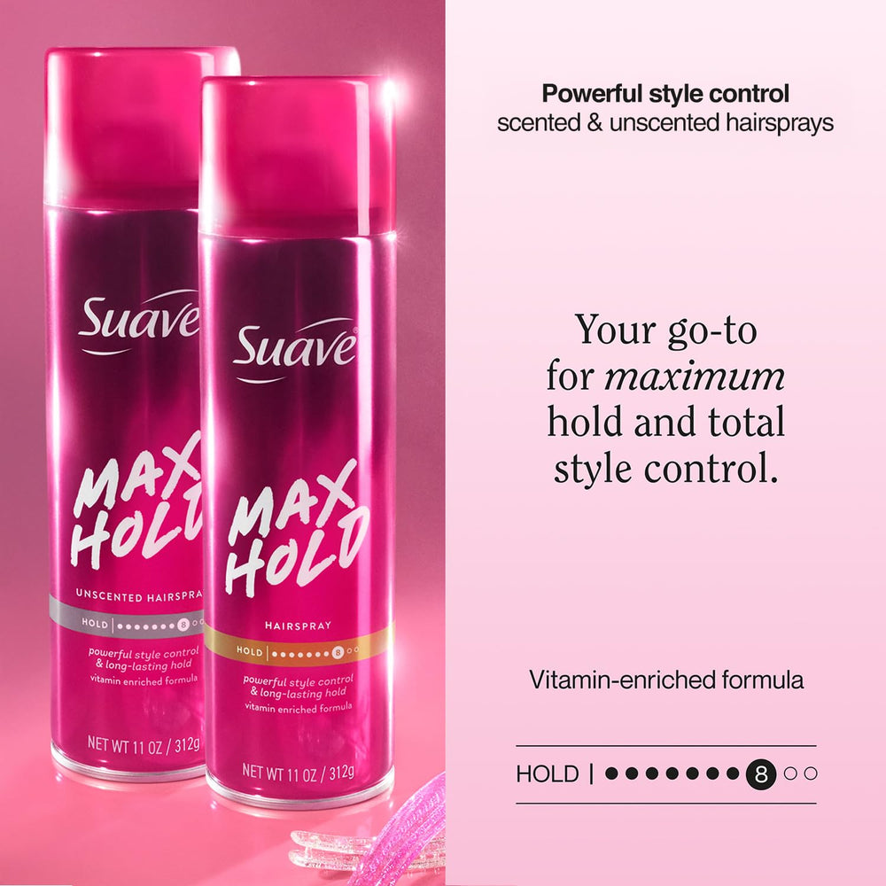 Suave max hold unscented can close-up highlighting fragrance-free styling benefit