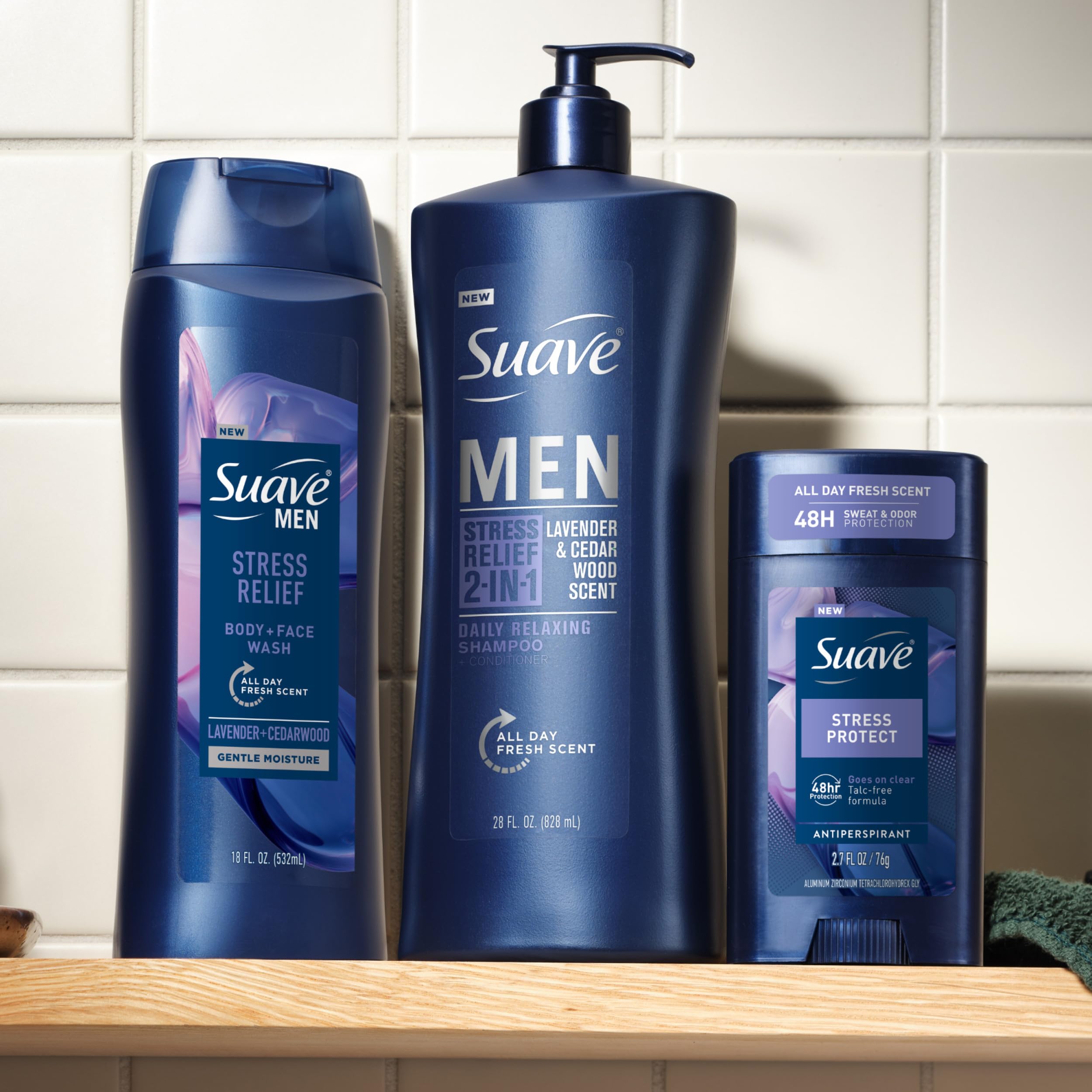 Suave Men bottle in hand showing 12.6 oz scale and portability
