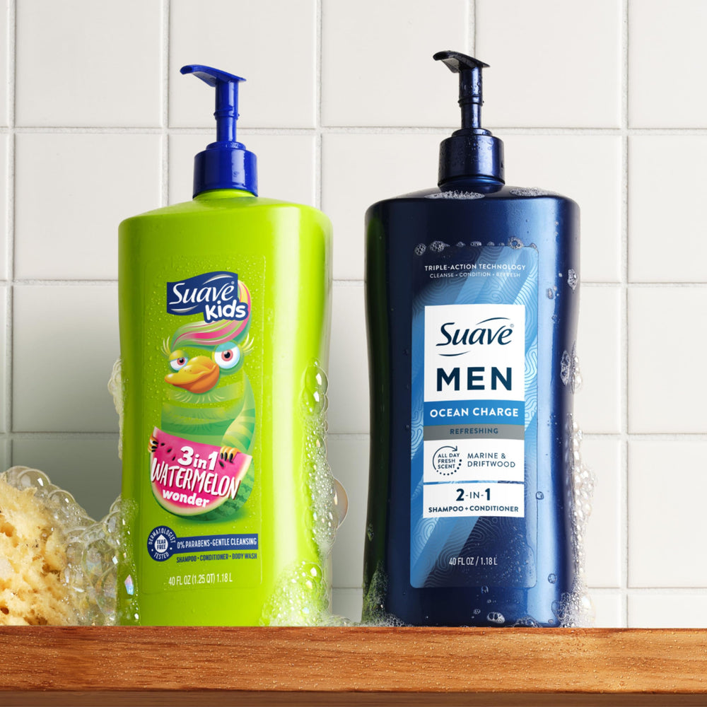 Suave Men four-count stacked pack showing household supply convenience benefit