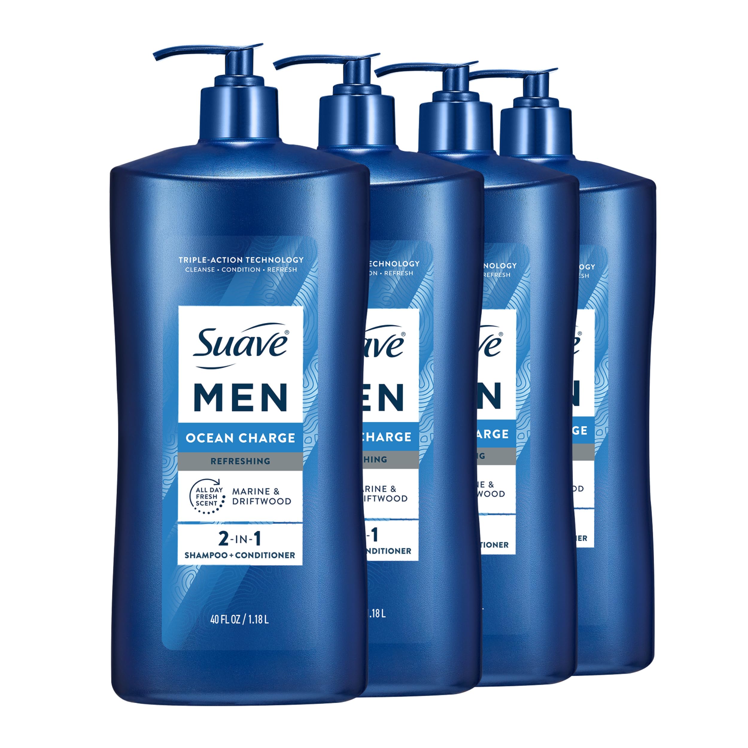 Suave Men front pump bottle showing label and easy dispensing benefit