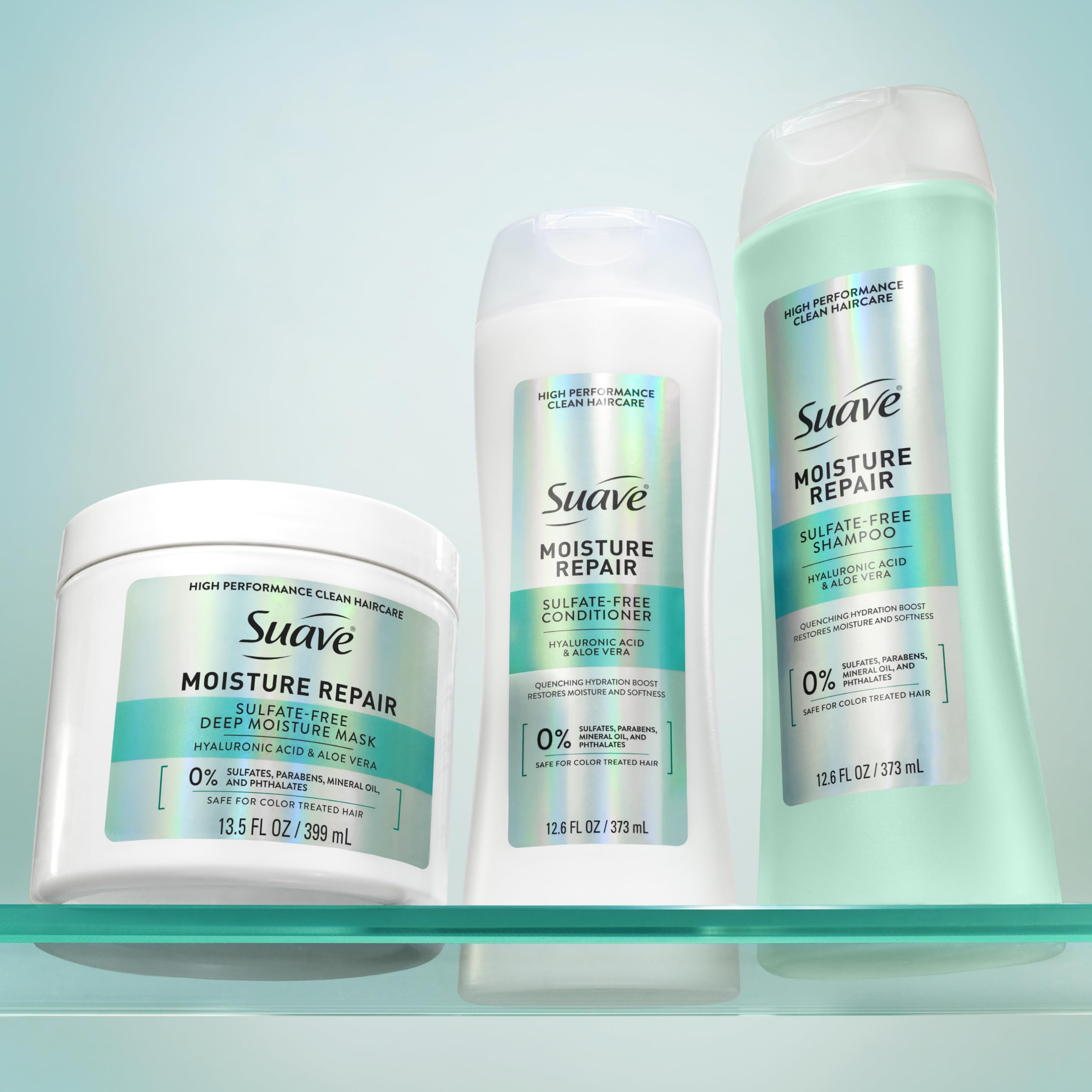 Suave conditioner on bathroom shelf in lifestyle scene showing daily use benefit