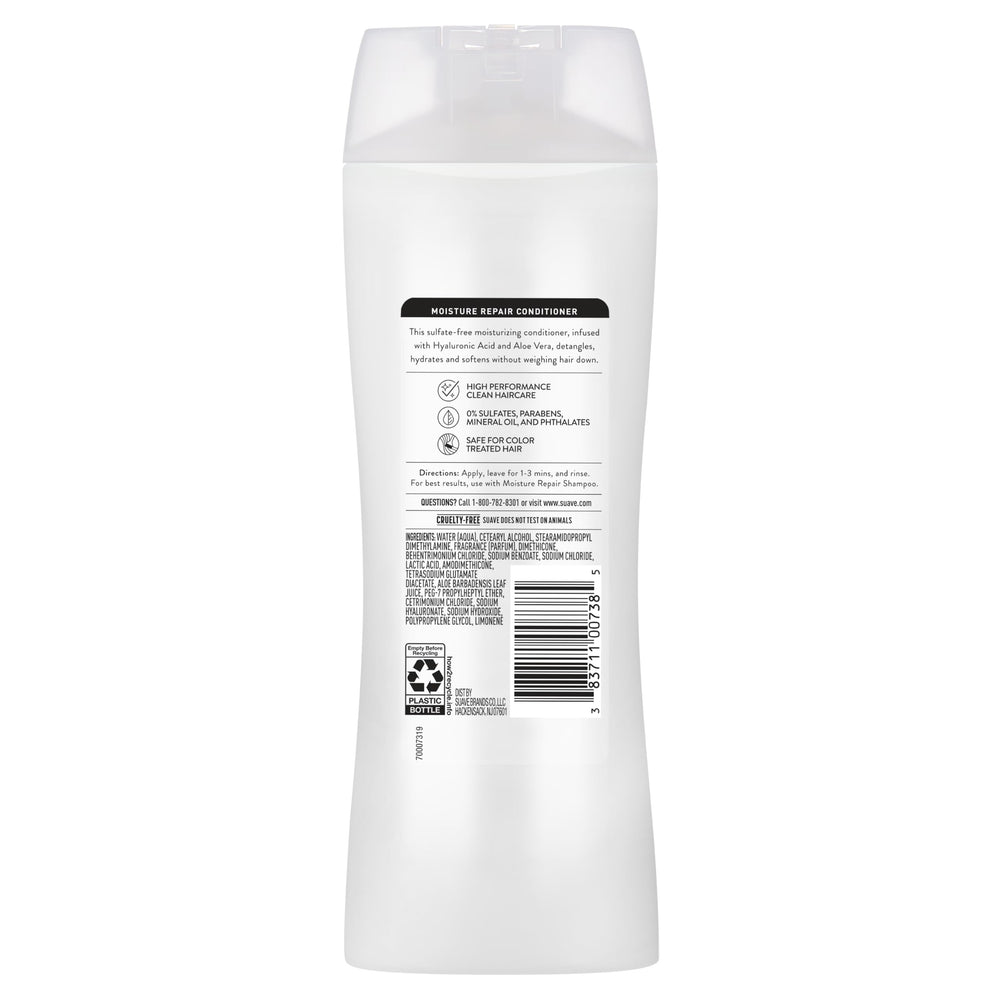 Suave conditioner next to hand for scale showing 12.6 fl oz size benefit