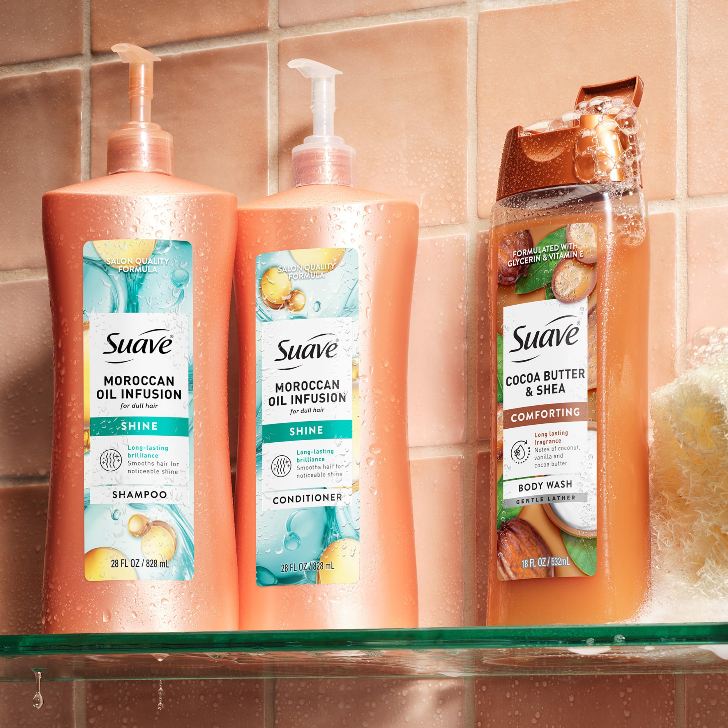 suave+ bottle held in hand giving scale and travel-friendly size reference