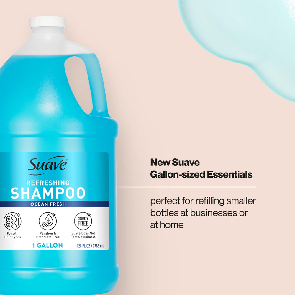 Suave bottle beside common items to show 128 fl oz size and value benefit