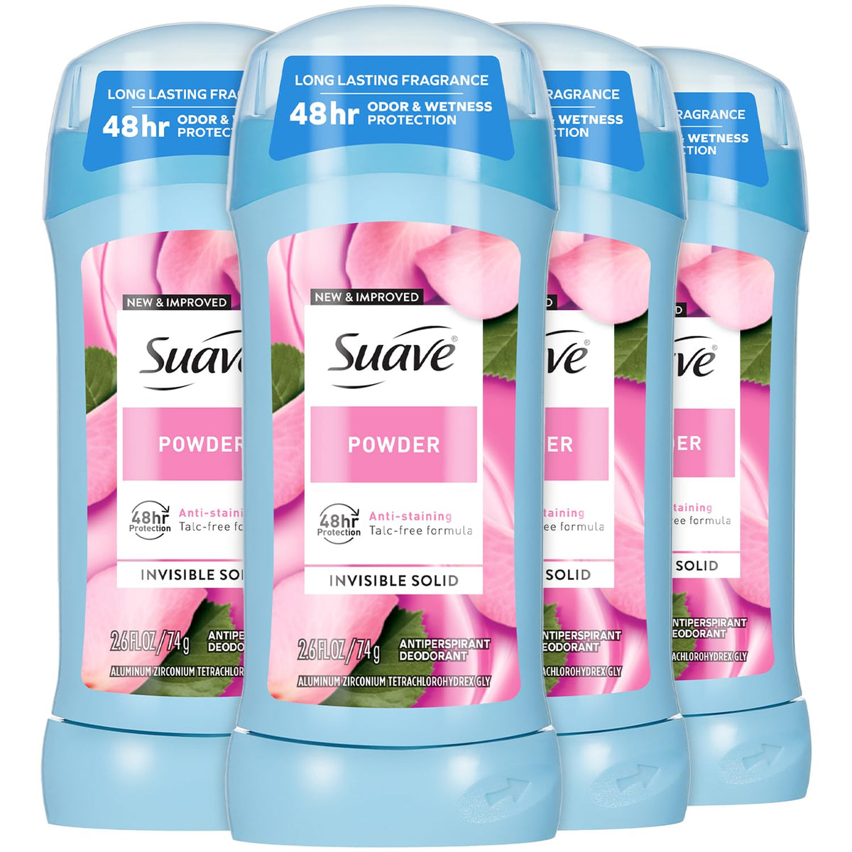 suave+ front packaging showing powder scent and four-pack convenience