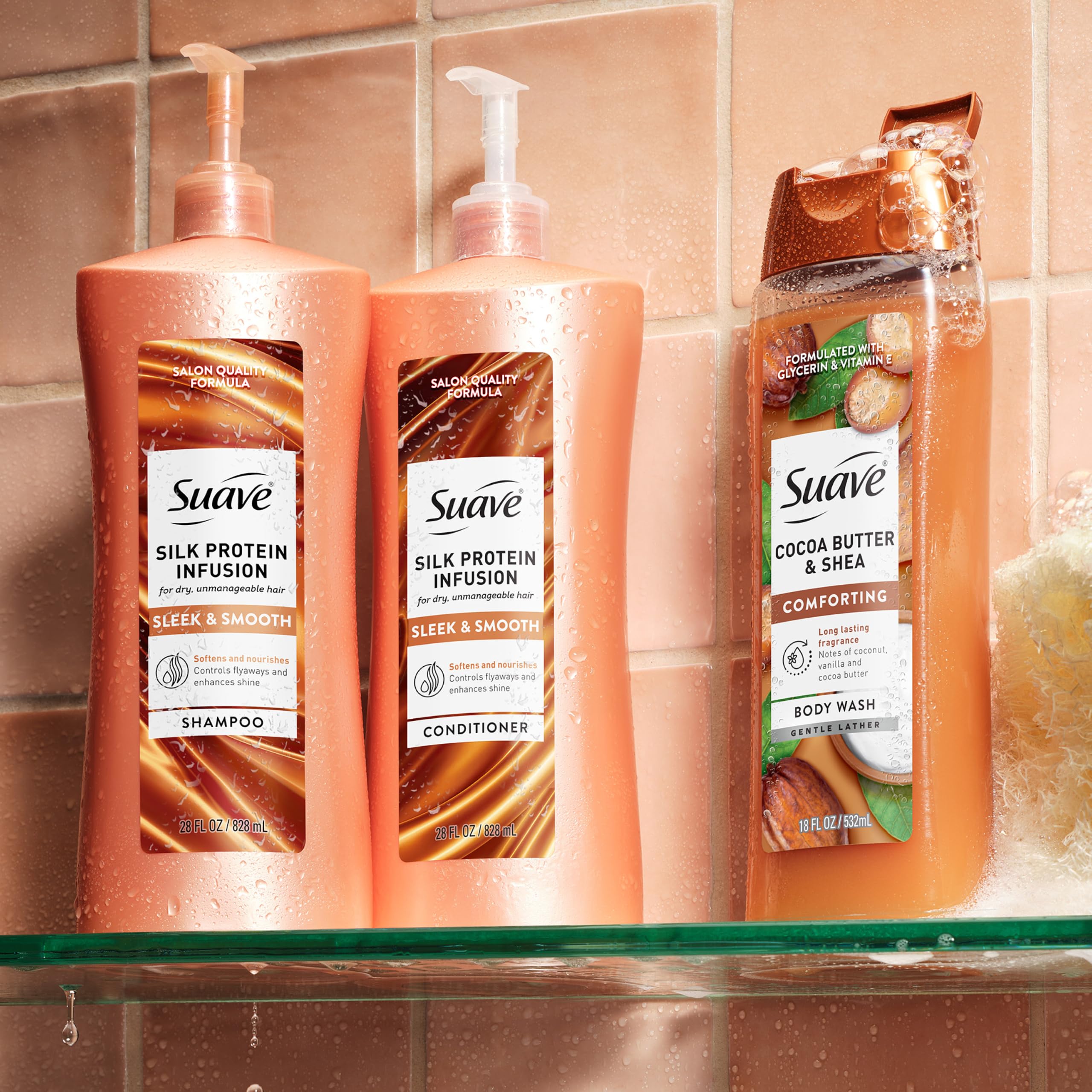 Suave+ label close-up showing silk protein feature and ingredients