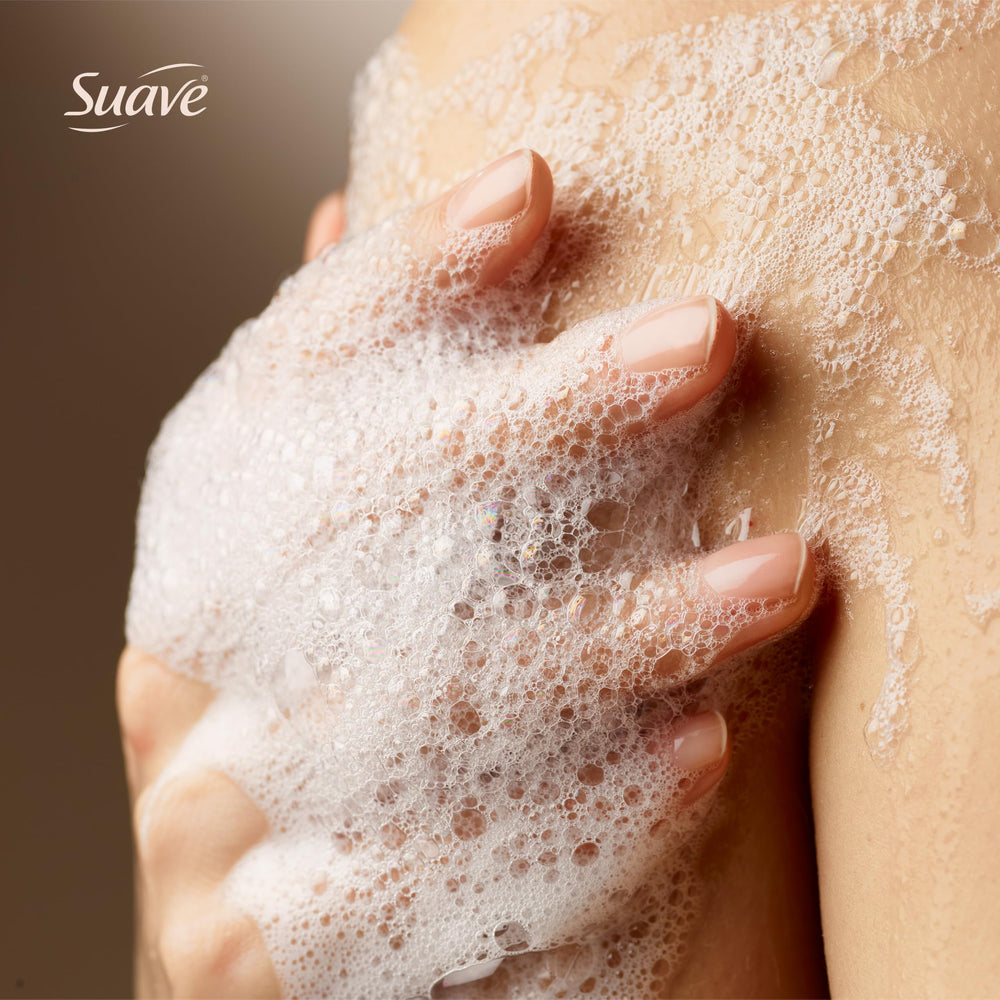 suave+ pouring into loofah with suds showing gentle cleansing and rinseability