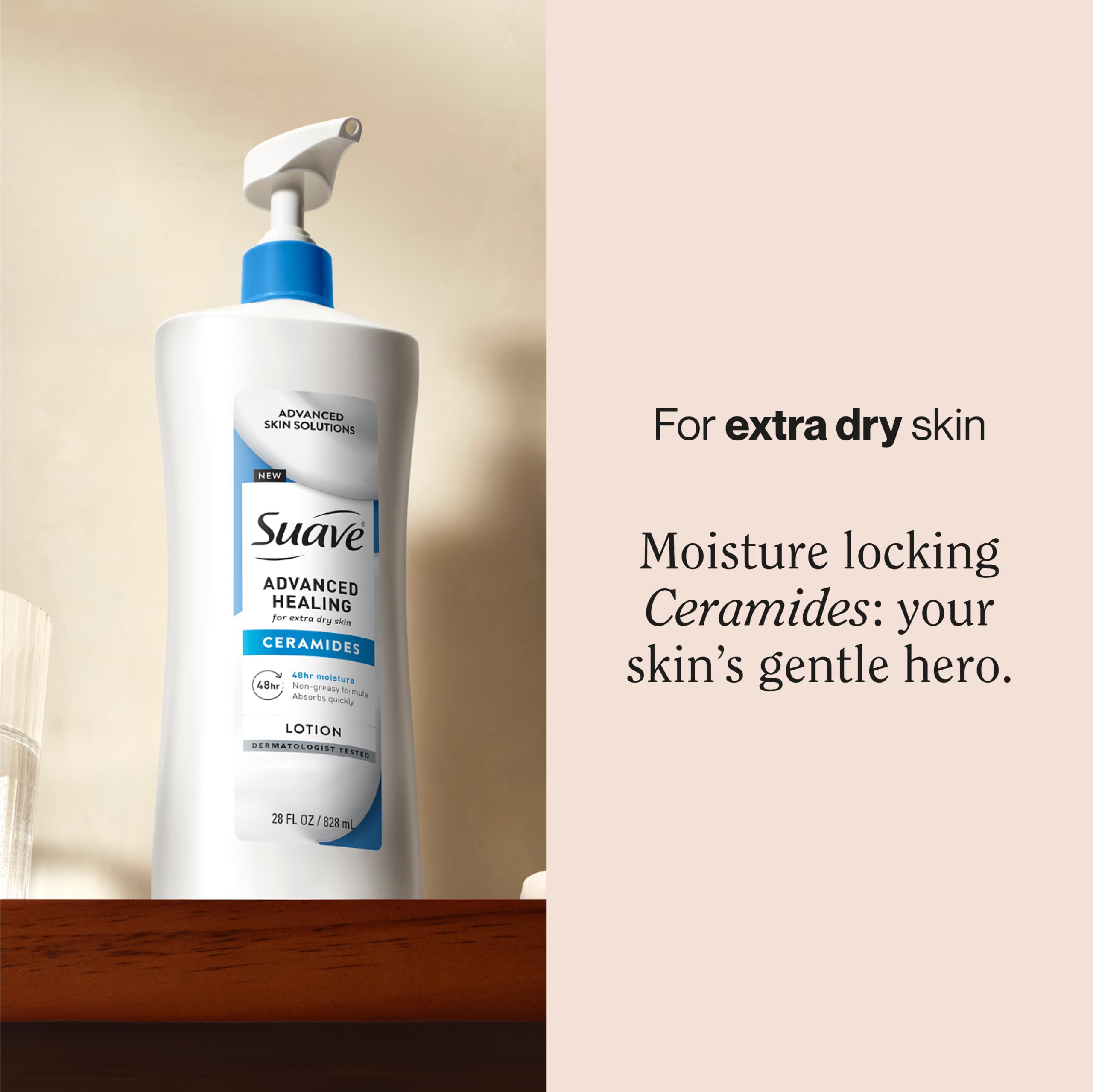 Suave pump dispensing lotion onto hand for quick non-greasy absorption benefit