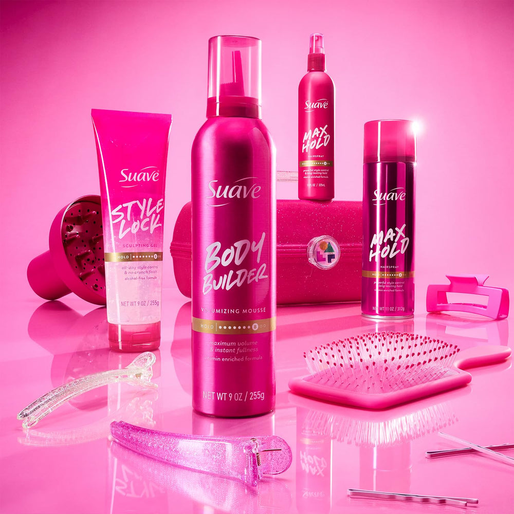 Suave bottle in hand showing 11 oz size and travel-friendly benefit