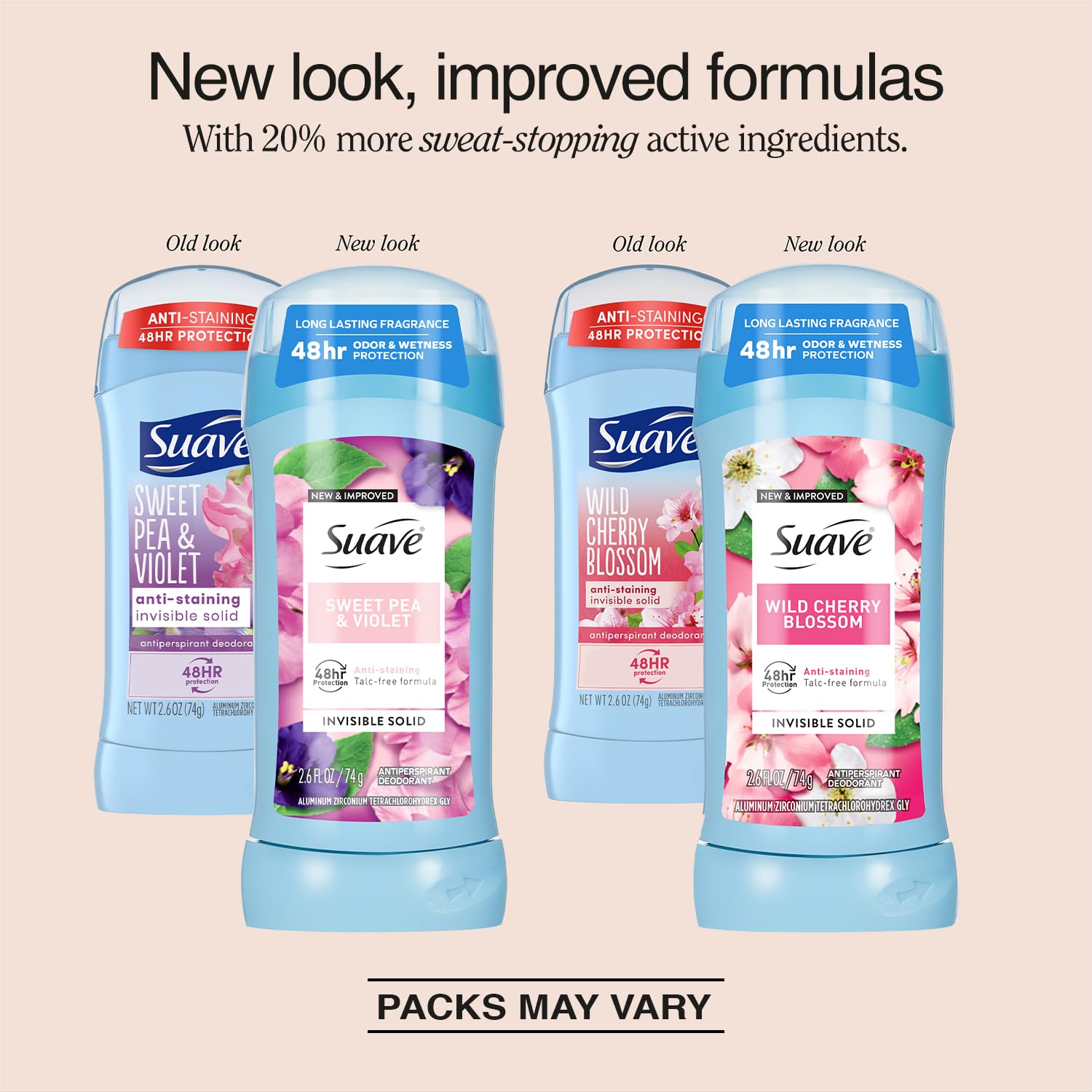 Suave Wild Cherry Blossom stick open showing the solid deodorant for quick daily application benefit