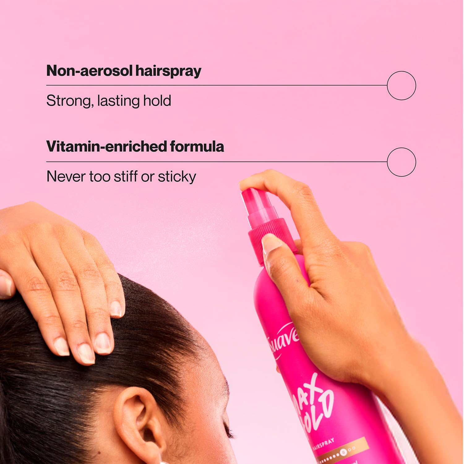 Suave spray nozzle detail showing ergonomic non-aerosol applicator benefit