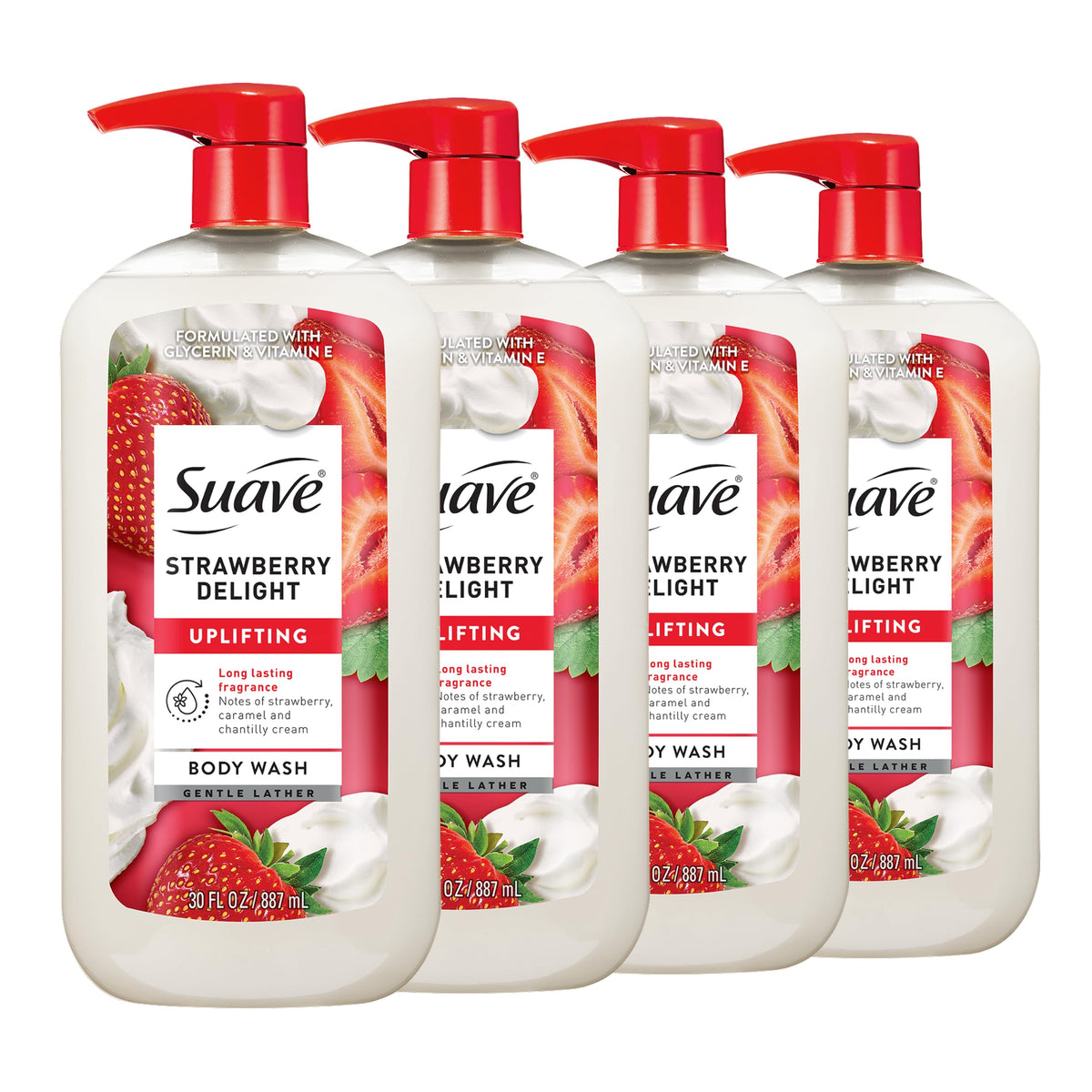 Suave bottle front packaging showing strawberry scent and pump for easy use