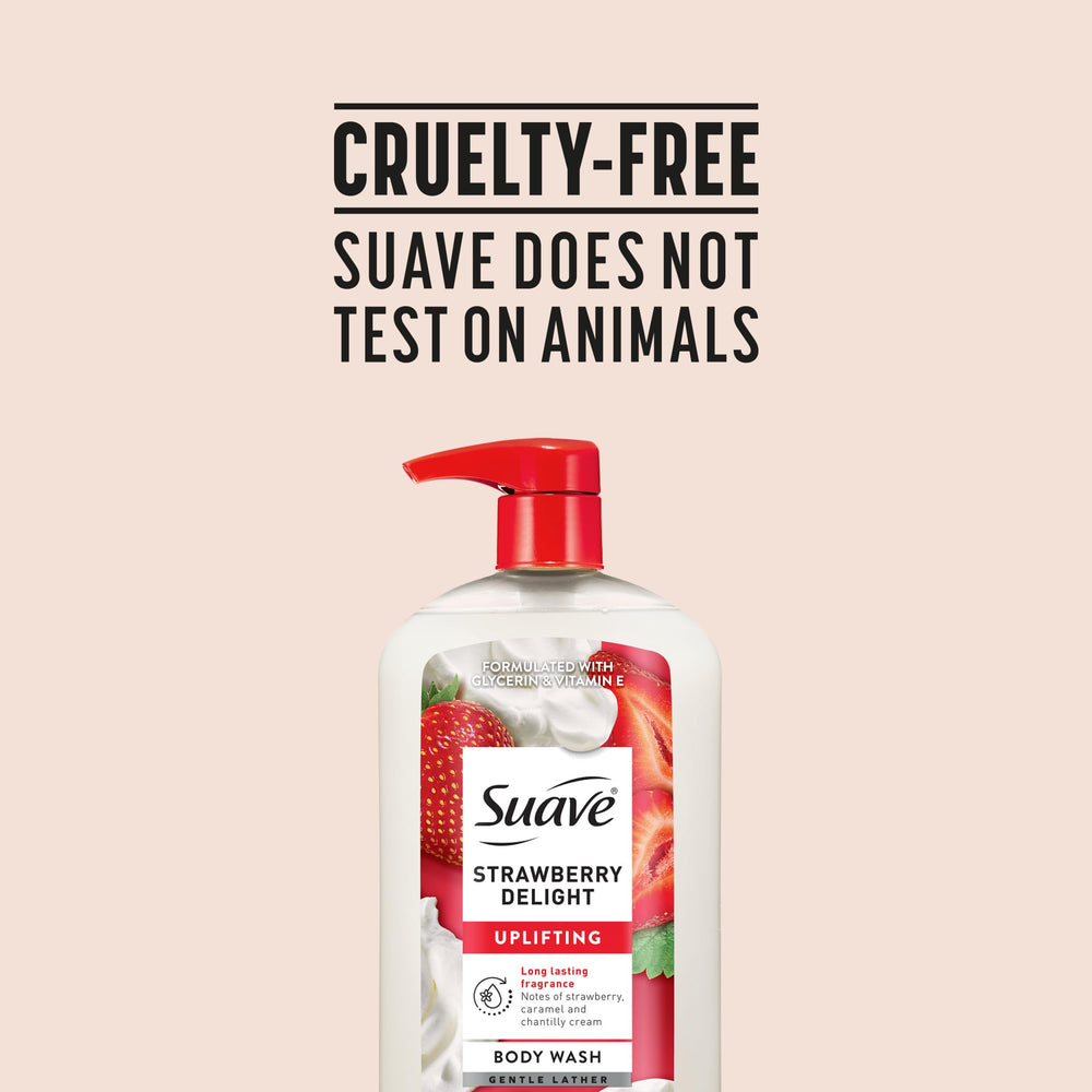 Four Suave bottles staged in different bathrooms to show multi-pack value