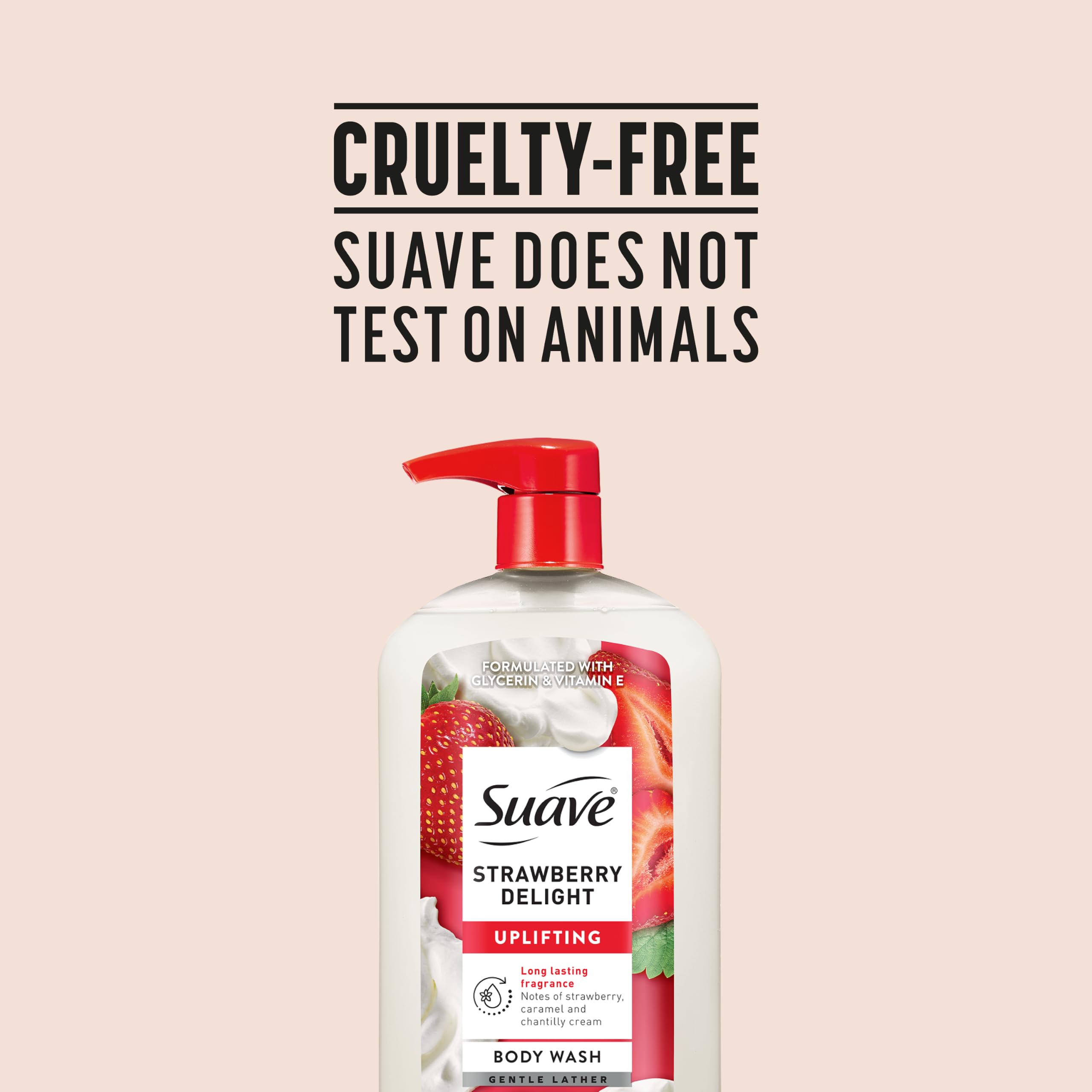 Graphic of scent notes around Suave bottle illustrating long-lasting aroma