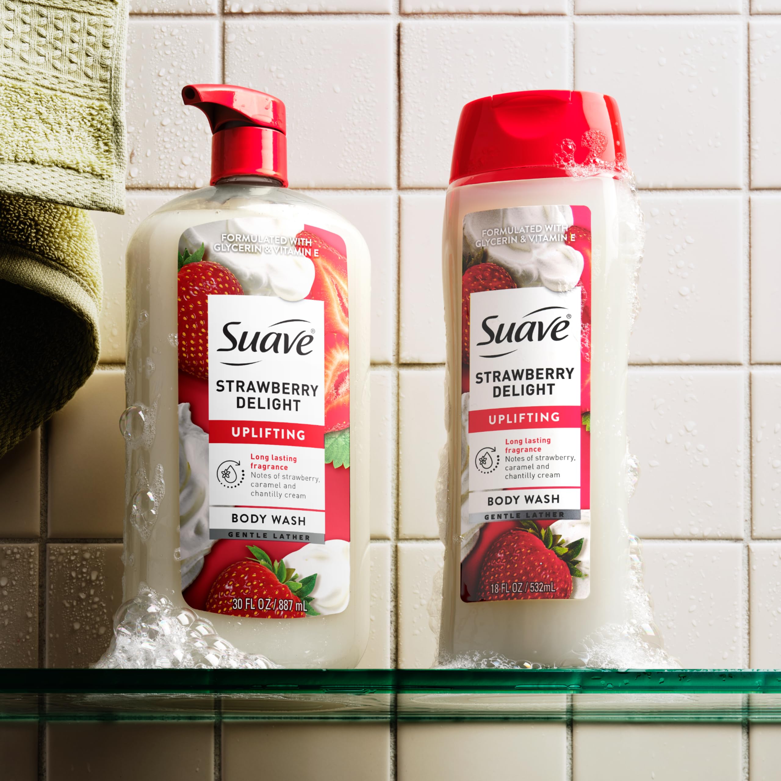 Fresh strawberries near Suave bottle emphasizing natural fruity fragrance