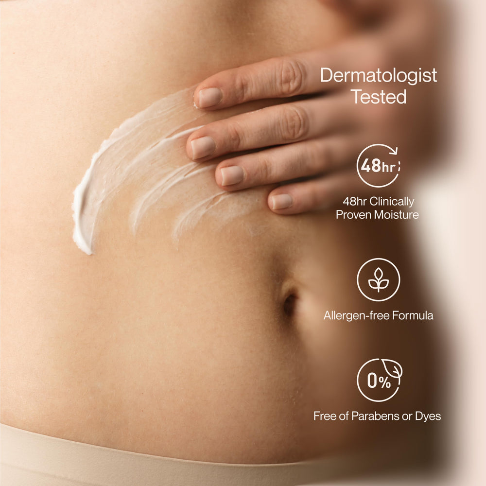 Close-up of Suave lotion texture showing ceramide-rich formula for barrier support