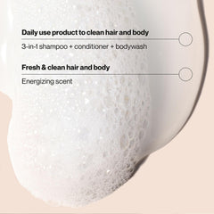 Close-up of Suave Citrus Rush foam showing lather that cleanses hair and skin